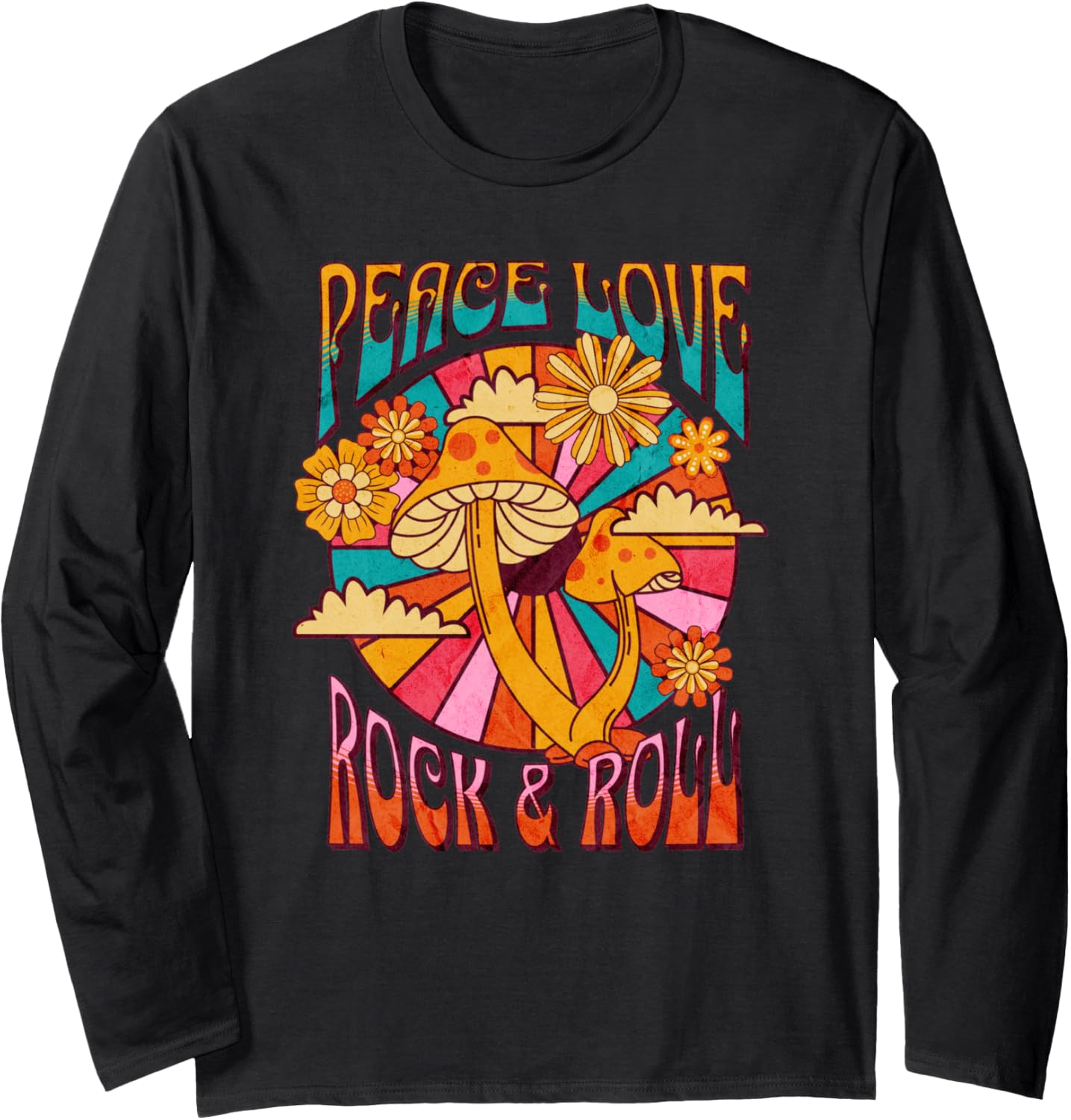 Peace Love Rock and Roll Groovy 70s Mushroom Flower Art