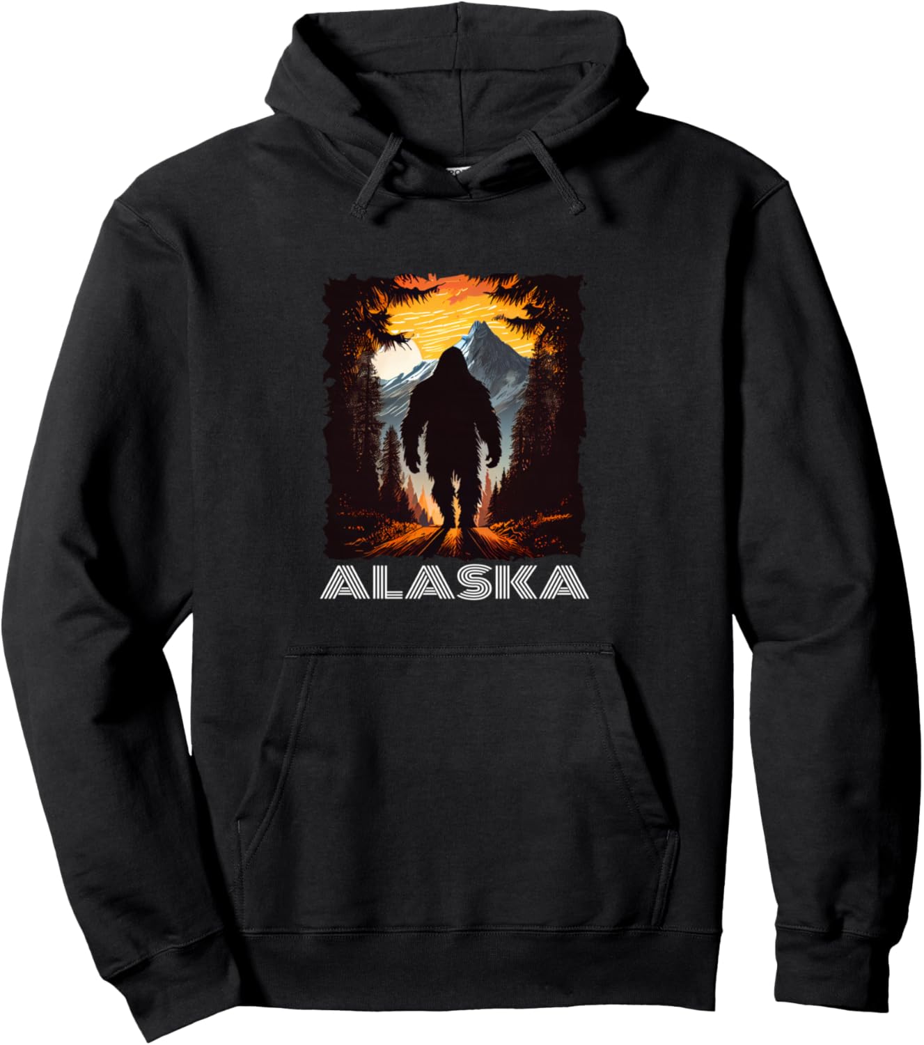 Alaska Bigfoot Sasquatch hiking camping forest sunset art