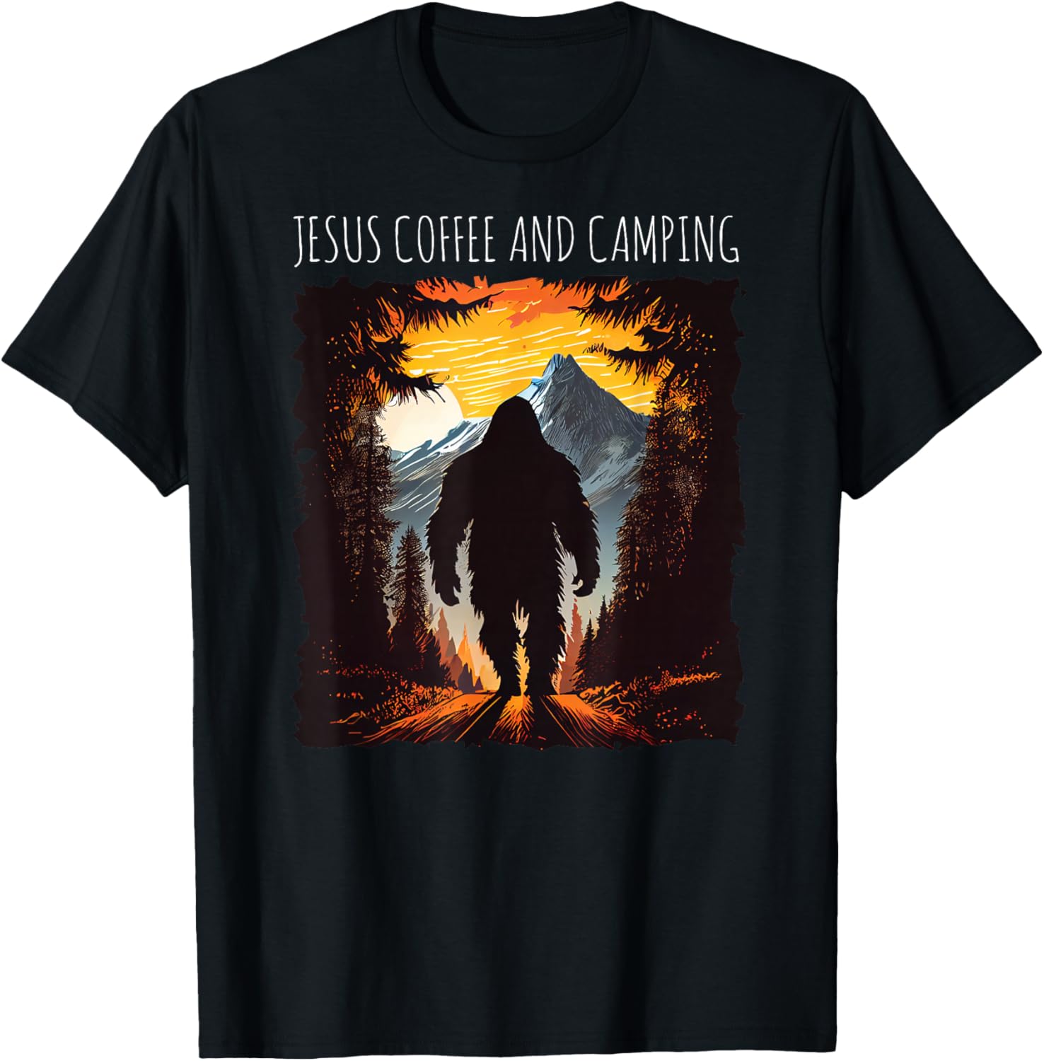 Jesus Coffee And Camping Bigfoot hiking mountains sunset