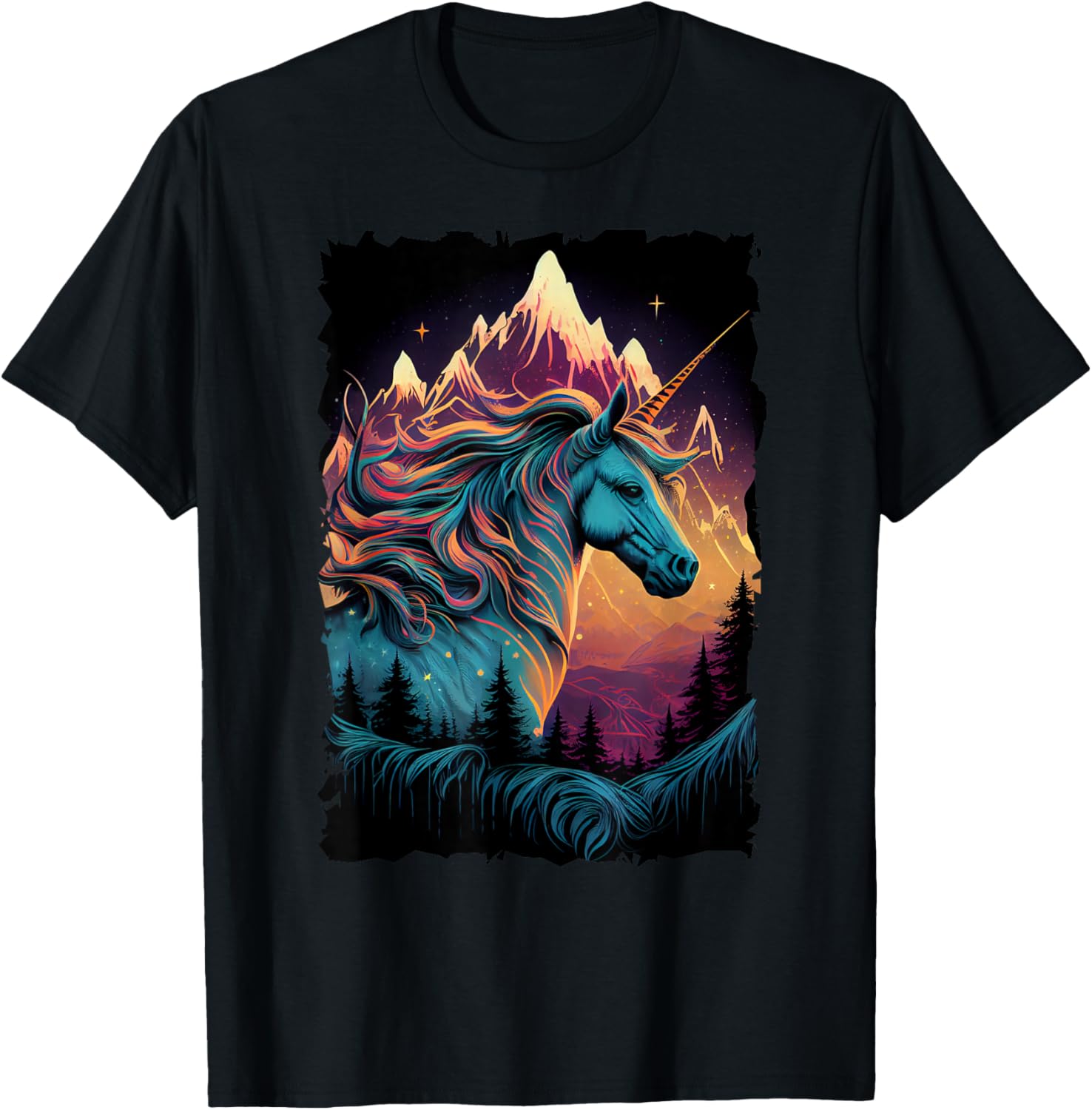 Vintage Unicorn Silhouette with Mountain Sunset Fantasy