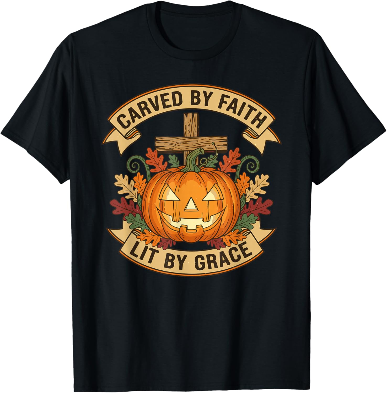 Carved by Faith Lit by Grace Pumpkin Oak Leaves Christian